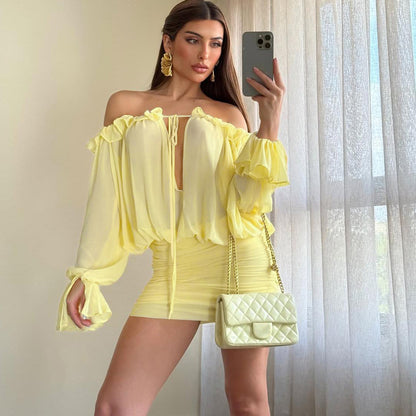 Fall Women Clothing Sexy off the Shoulder Hollow Out Cutout out Tied Solid Color Slim Hip Bag Dress - Wanita Store