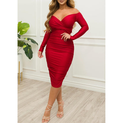 Autumn Winter Women Clothing Sexy Off The Shoulder Ruffle Hip Long Sleeve Dress - Wanita Store