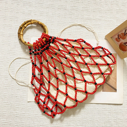 Niche Bamboo Handle Handbag with Wooden Beads Decoration Hand Woven Beaded Bag Women Seaside Travel Holiday Handbag