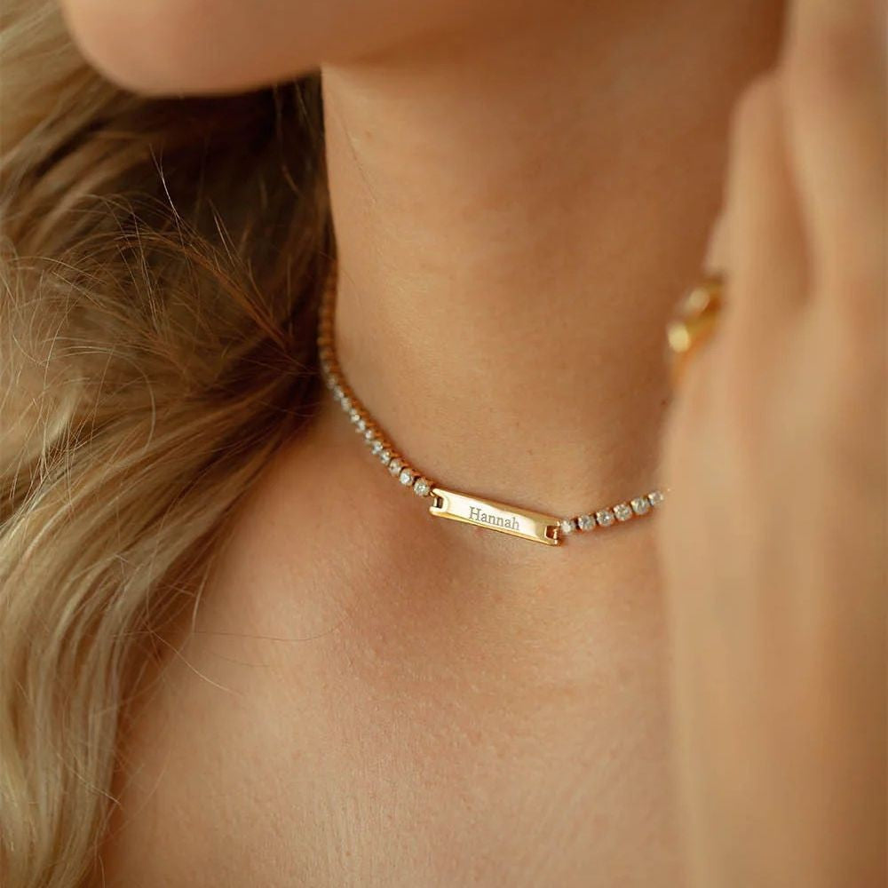 in DIY Lettering Square Plate Diamond Titanium Steel Necklace Women Fashionable Temperamental All Match 18K Gold Stainless Steel Embellished - Wanita Store