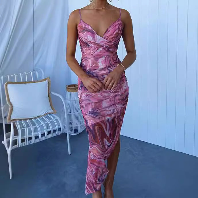 Spring Summer Suspender Printed Dress Casual Holiday Party Women Clothing Dress