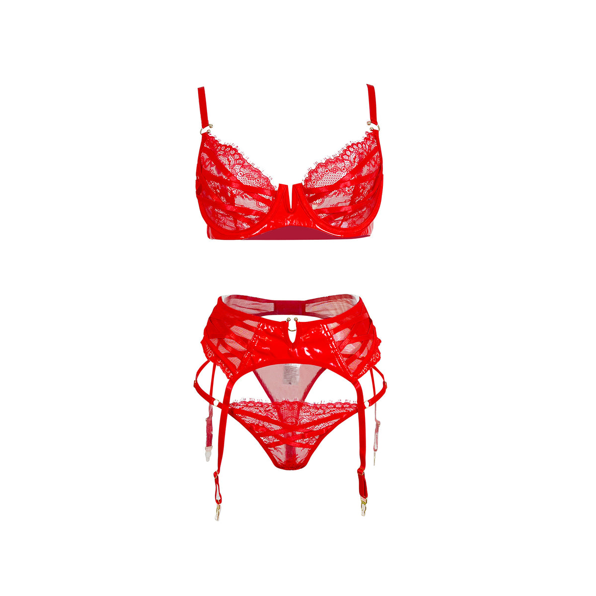 Women Red Sexy Push up Underwear Set Memory Soft Underwire Lace Garter Fishnet Stockings Three Piece Set