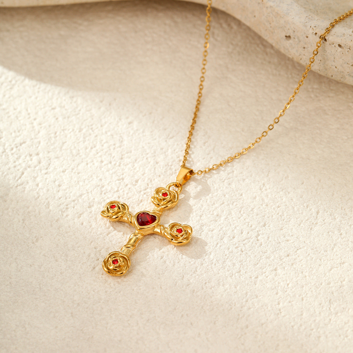 Elegance Retro Advanced Necklace Stainless Steel 18K Gold Color Diamond Rose Cross Embellished - Wanita Store