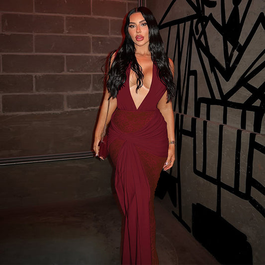 Winter Halter Deep V Plunge neck Dress Sexy See through Lace Stitched Backless Dress