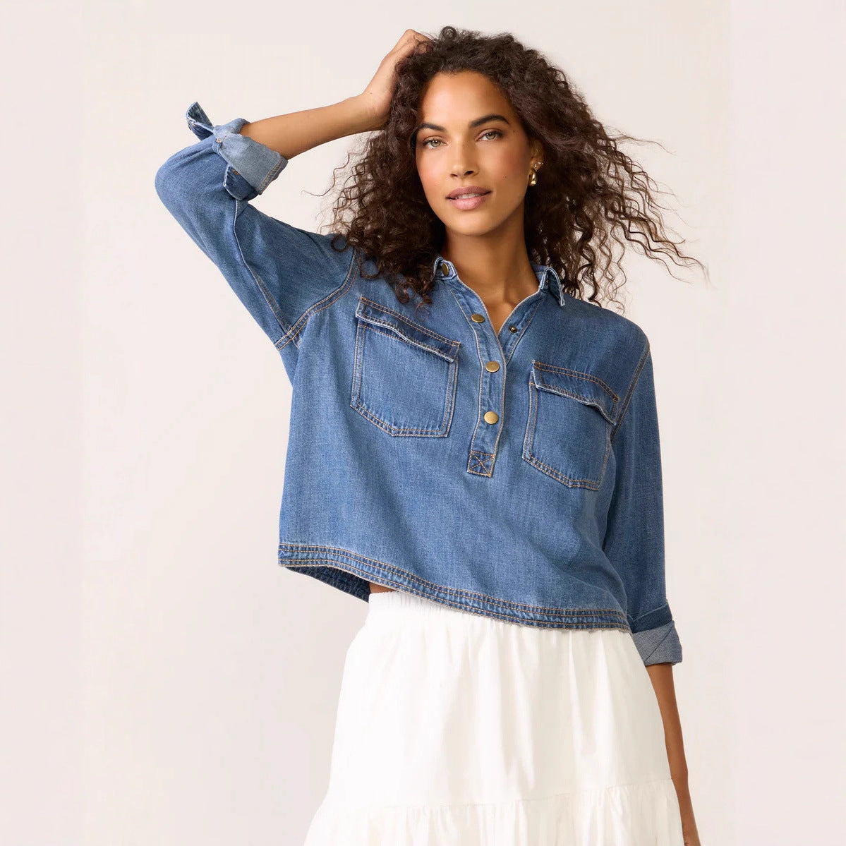 Women Clothing Casual Polo Collar V neck Pullover Denim Shirt - Wanita Store