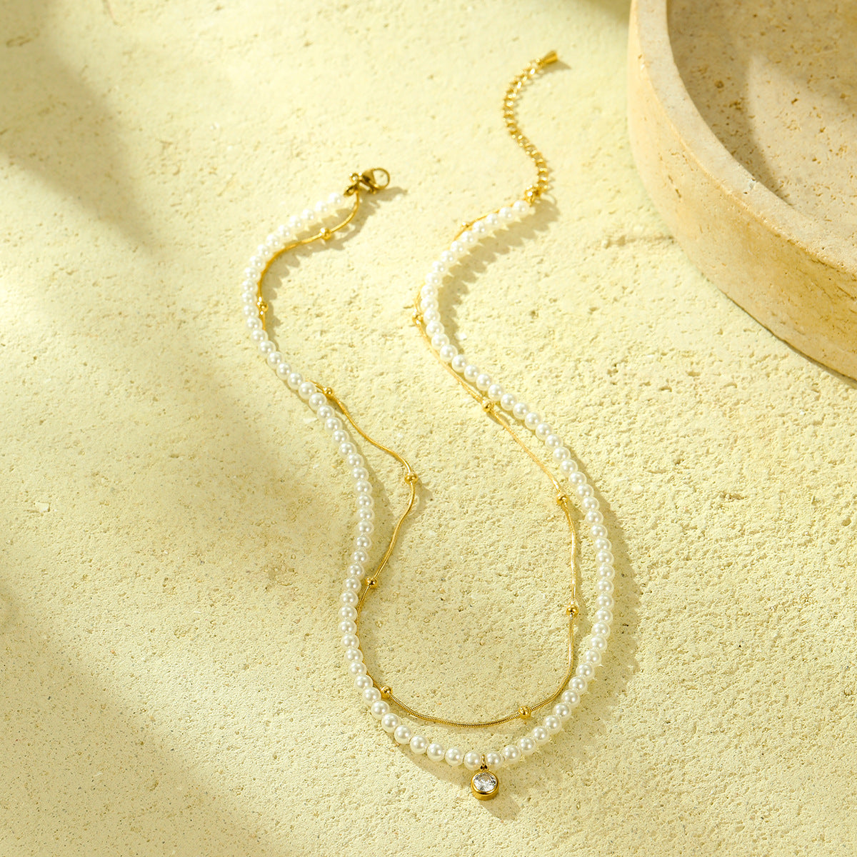All Match Pearl Double Chain Inlaid Zircon Titanium Steel Necklace 18K Stainless Steel Clavicle Chain Accessories - Wanita Store