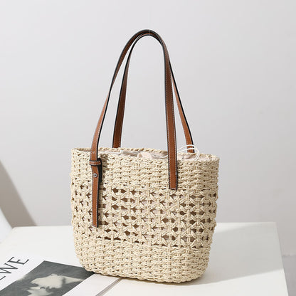 Straw Woven Bag Women Hollow Out Cutout Handmade Straw Bag Woven Bag Shoulder Portable Straw Weaved Bag Seaside Vacation Beach Bag - Wanita Store