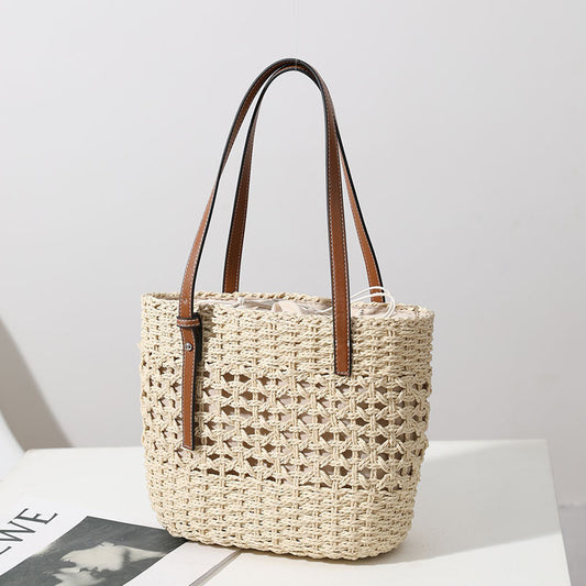 Straw Woven Bag Women Hollow Out Cutout Handmade Straw Bag Woven Bag Shoulder Portable Straw Weaved Bag Seaside Vacation Beach Bag - Wanita Store