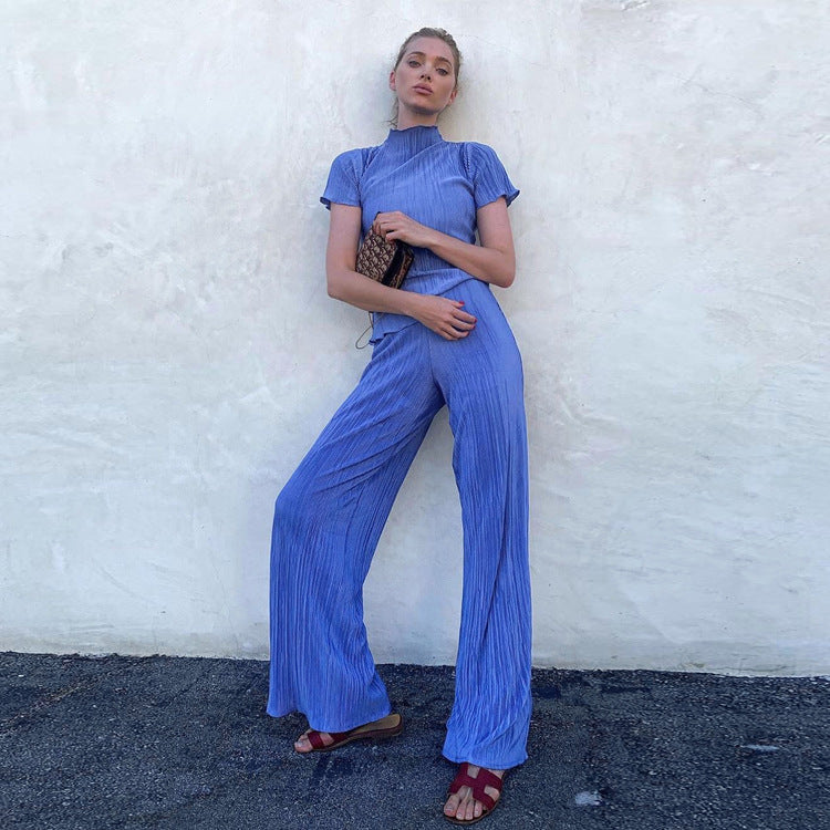 Spring Slimming T shirt High Waist Blue Pleated Wide Leg Pants Casual Women Clothing Fashion Suit