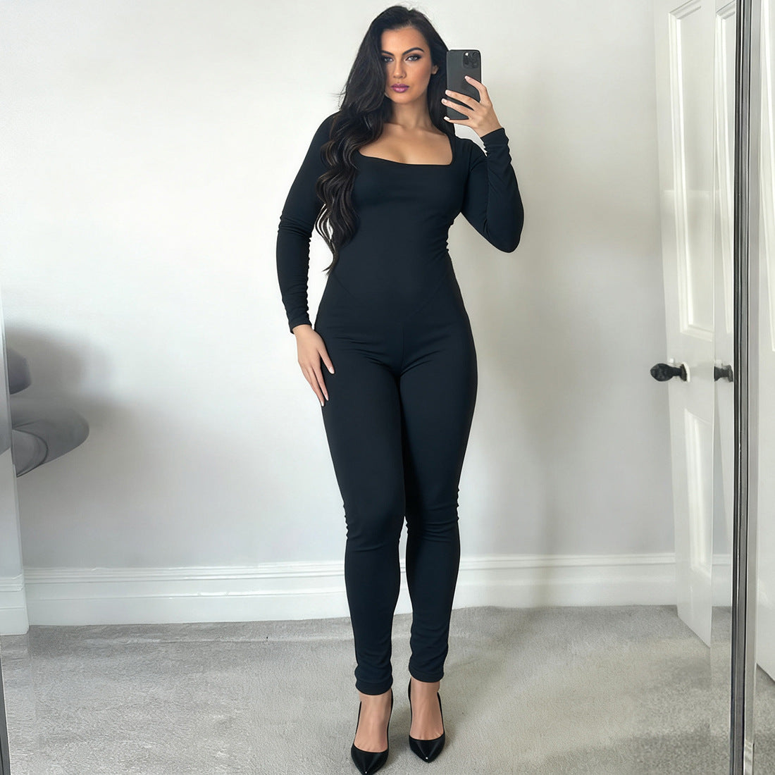 Women Clothing Autumn Winter Sexy U Collar Backless Lace up Long Sleeve Solid Color Hip Lifting Jumpsuit