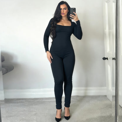 Women Clothing Autumn Winter Sexy U Collar Backless Lace up Long Sleeve Solid Color Hip Lifting Jumpsuit - Wanita Store