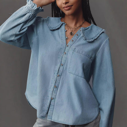 Camisa vaquera ligera de manga larga casual retro para mujer para primavera y otoño