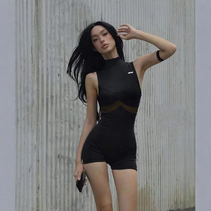 Street Mesh Stitching Hollow Out Cutout Sleeveless Romper Sexy Solid Color Tight Sports Waist Shaping Trousers - Wanita Store