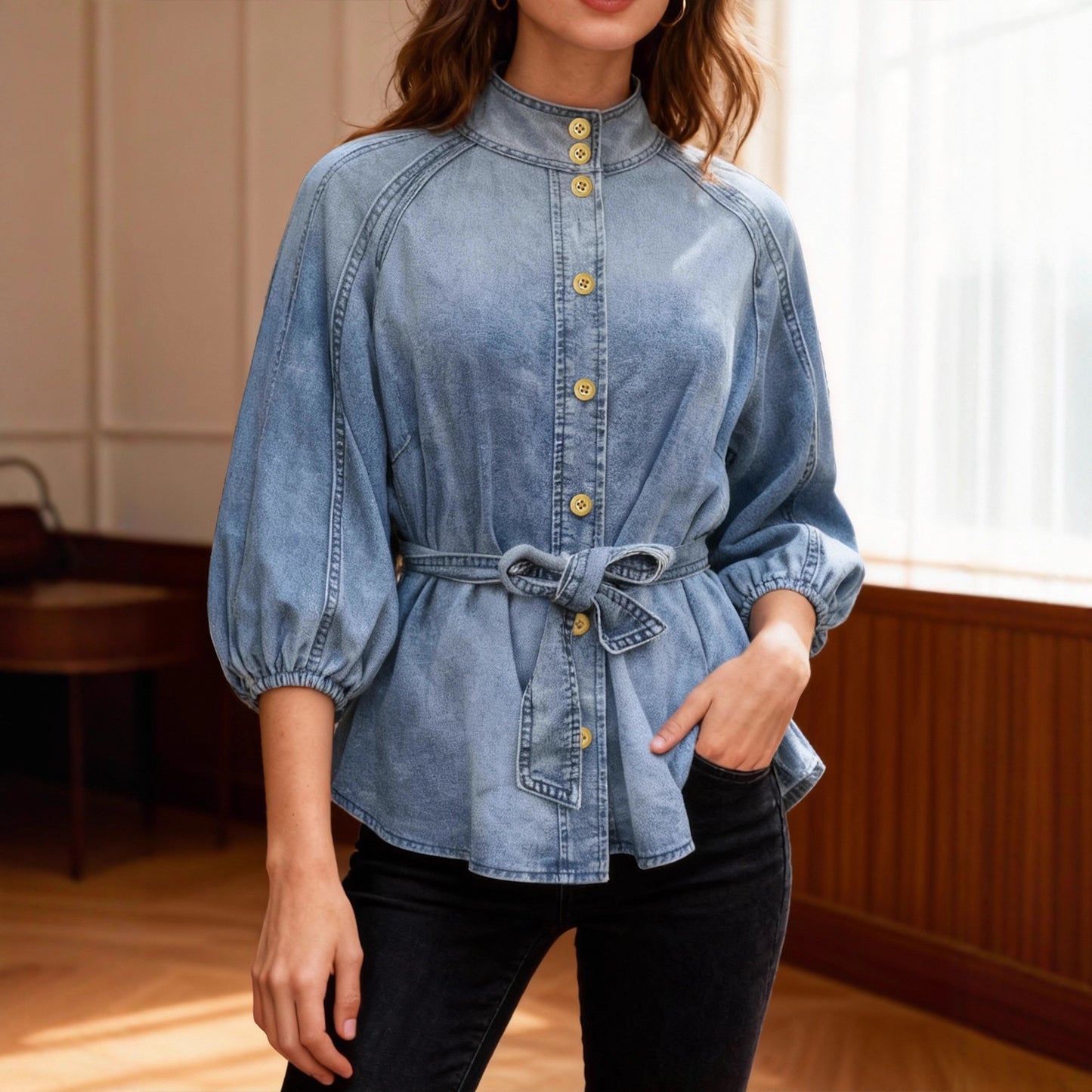 Lace up Waist Controlled Lantern Sleeve Nine Quarter Sleeve Retro Denim Shirt Women Top High Grade Stand Collar Young Show - Wanita Store