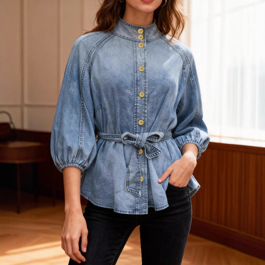 Lace up Waist Controlled Lantern Sleeve Nine Quarter Sleeve Retro Denim Shirt Women Top High Grade Stand Collar Young Show - Wanita Store