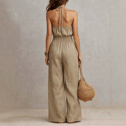 Combinaison bohémienne dos nu, taille smockée, jambes larges, combinaison de vacances.