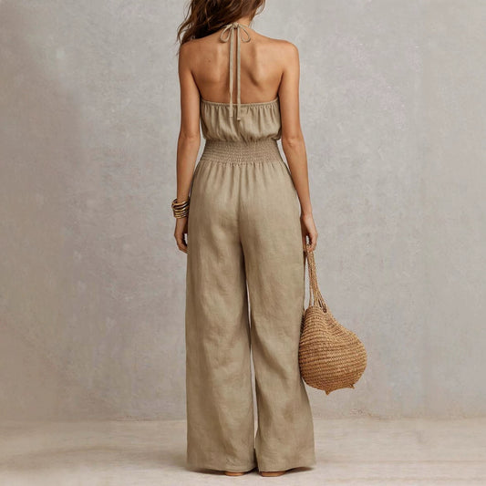 Bohemian Halter Jumpsuit Smocking Waist Slim Backless Wide Leg Vacation Jumpsuit