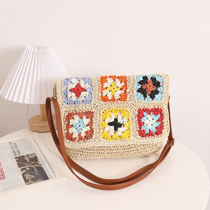 Sources Grandma Plaid Crossbody Straw Bag Contrast Color One Shoulder Straw Bag Woven Bag Women Beach Bag - Wanita Store