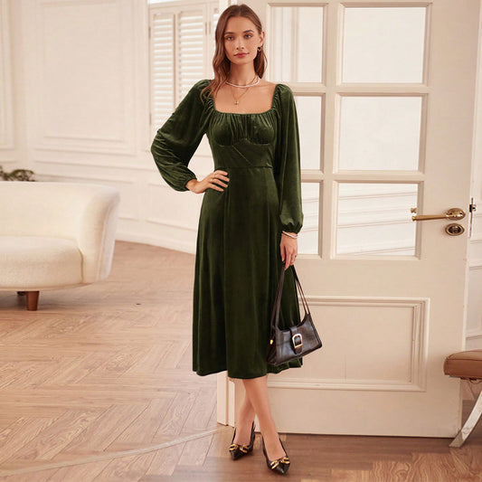 Women Clothing Autumn Winter Slim Fit Square Collar A line Dress Long Sleeve Velvet Dress