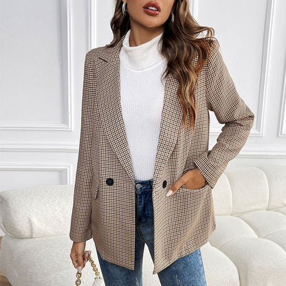 Autumn One Button Houndstooth Blazer - Wanita Store