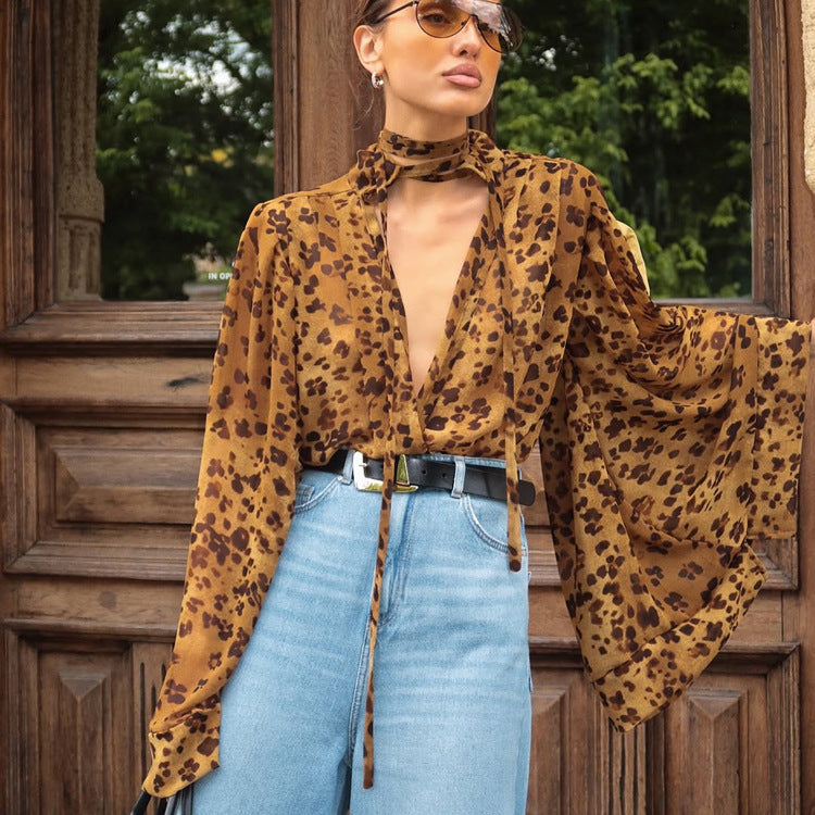 Spring Women Shirt Leopard Print Design Hollow Out Cutout out Stand up Collar Long Sleeved Top - Wanita Store