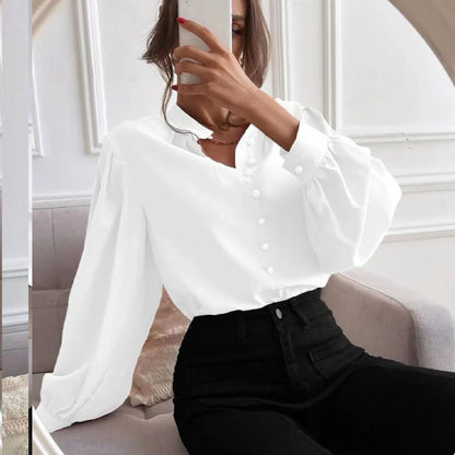 Women Shirt Autumn Elegant Solid Color Collared Long Sleeve Single Row Button Loose Women Top - Wanita Store