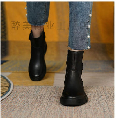 Women Platform Single Layer Boots Retro Flat Bottom Ankle Boots - Wanita Store