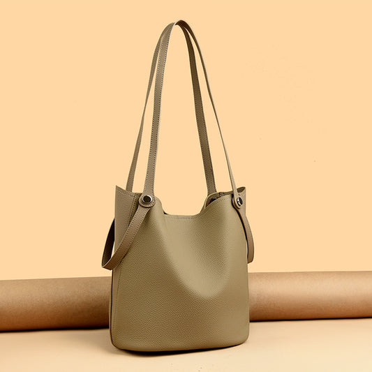 Genuine Leather Women Bag Simple Bucket Bag High Grade Large Capacity Shoulder Bag Handbag
