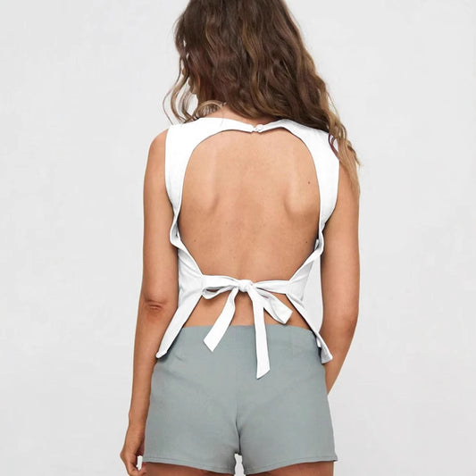 Solid Color Sexy Backless Lace up Spaghetti Straps Sleeveless Wild Vest Women Slim Top