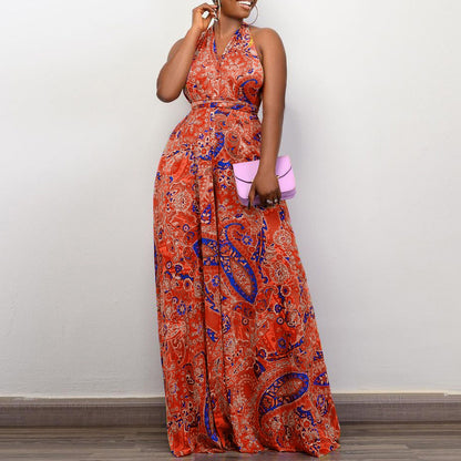 Women Clothing Printed Halter Multi Wear Beach Jumpsuit - Wanita Store