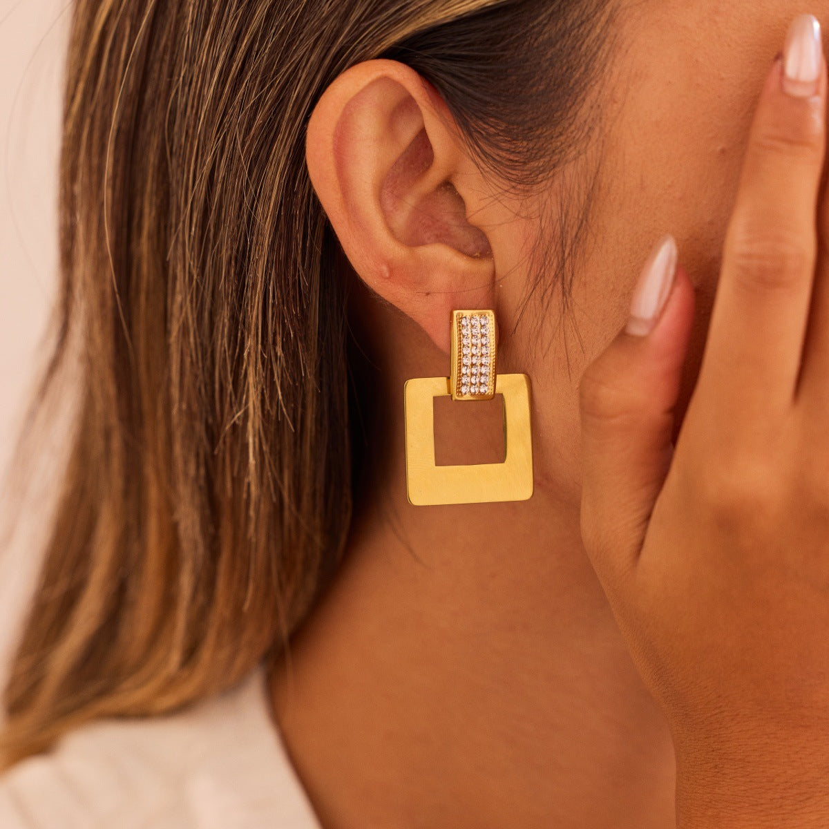 Geometric Abstract Diamond Square Stainless Steel Earrings Plated 18K Gold Light Luxury Elegant Ear Rings - Wanita Store