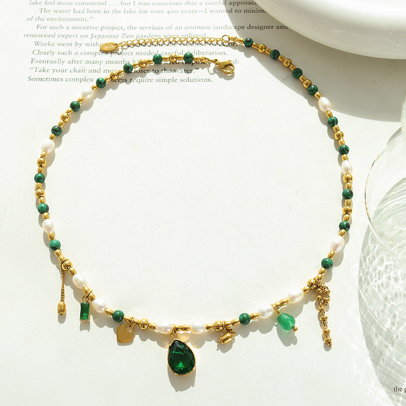 Court Non Fading Design Elegant Graceful Personality Freshwater Pearl Zircon Jade Turquoise Embellished Necklace - Wanita Store
