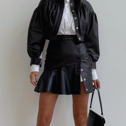 Women Clothing Autumn Winter Fashionable Wooden Ear All Match Leather Sexy Short Skirt Irregular Asymmetric Leather Skirt - Wanita Store