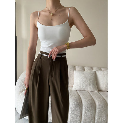 Sinan French Spaghetti Strap Slim Fit off Neck Camisole with Chest Pad Beautiful Back Basic Summer - Wanita Store