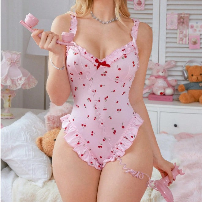 Sexy Pure Small Cherry Ruffled Jumpsuit Suspender Lingerie Set