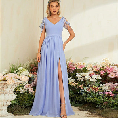 V neck Elegant Evening Dress Prom Party Slit Sexy Evening Dress Wedding Dinner Toast Dress Annual Meeting Dress - Wanita Store