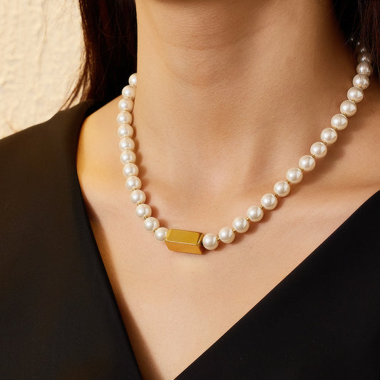Japanese Korean Simple Vintage Pearl Clavicle Chain Vacuum Vapor Plating 18K Gold Simple All Match Pearl Necklace Ornament Accessories - Wanita Store