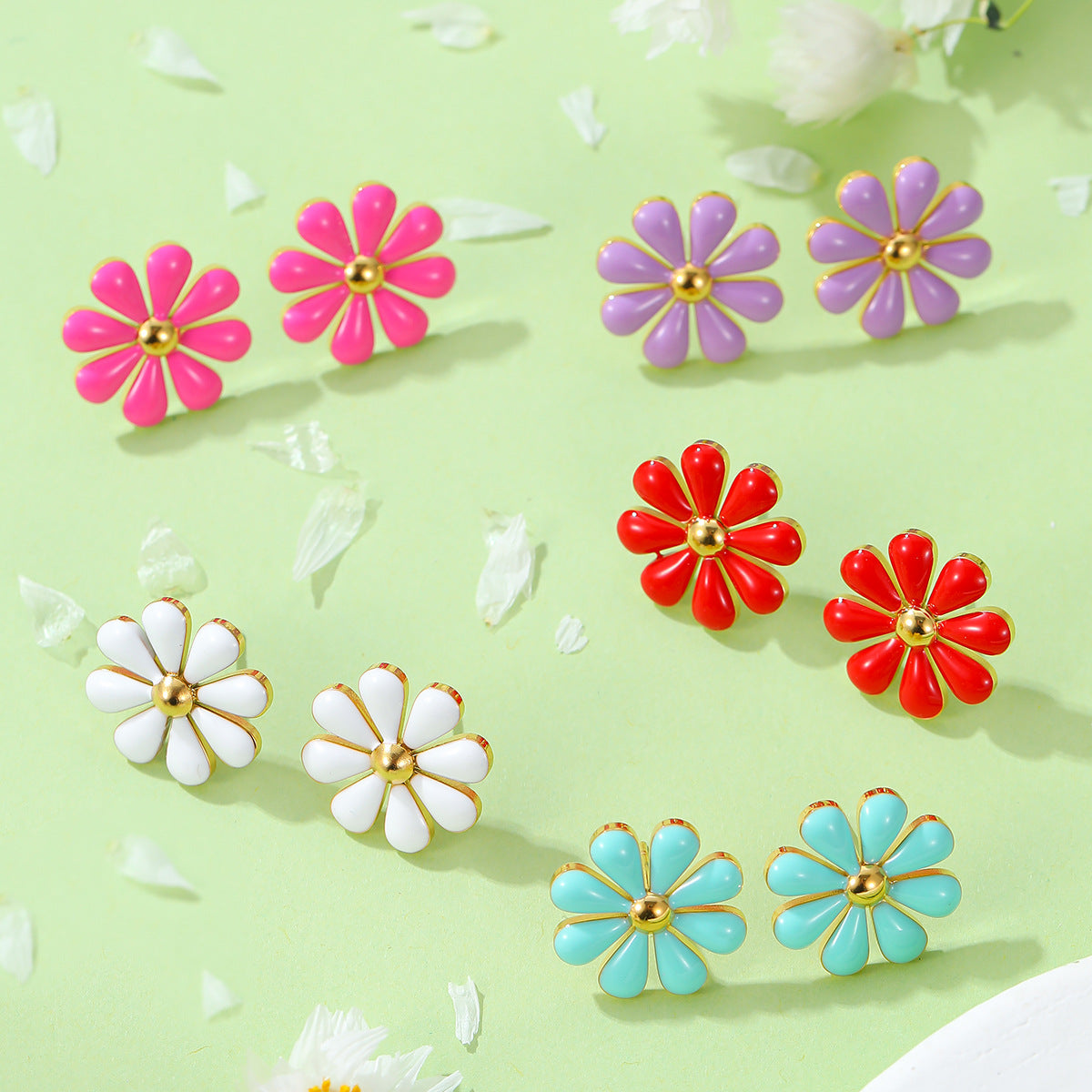 Summer Fresh Little Daisy Drop Oil Titanium Steel Earrings Women Stainless Steel Studs Accessories - Wanita Store