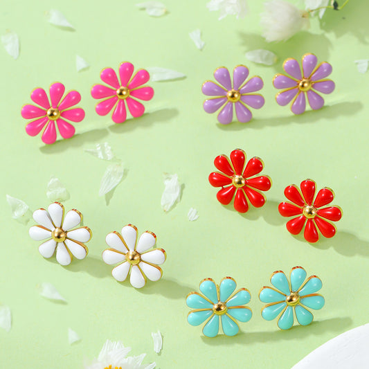 Summer Fresh Little Daisy Drop Oil Titanium Steel Earrings Women Stainless Steel Studs Accessories - Wanita Store