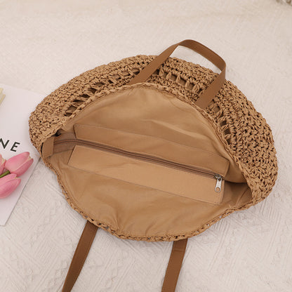 round Straw Bag One Shoulder Portable Hollow Out Cutout out Straw Bag Woven Bag Women Summer Seaside Casual Vacation Beach Bag - Wanita Store