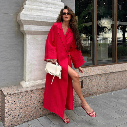 Cotton Linen Dress Women Autumn Lazy Casual Loose Robe Collared Tied Maxi Dress - Wanita Store