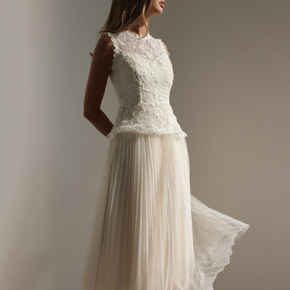 Women Elegant High Grade Dress Summer Lace Embroidered Mesh Stitching Sleeveless Dress - Wanita Store