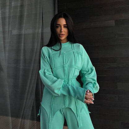 Solid Color Hoodie sets Round Neck Pullover Top Split Straight Pants Casual Two Piece sets - Wanita Store
