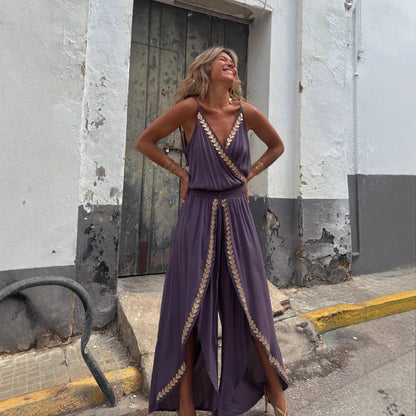 Golden Ribbon Trim Tight Waist V neck Loose Sling Jumpsuit - Wanita Store