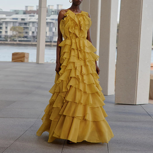 Ball Sleeveless Spaghetti Strap Ruffle Stitching Solid Color Formal Dress Summer Dress