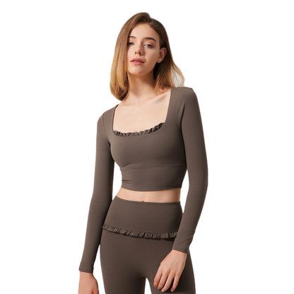 Autumn Winter Nude Feel Lace Yoga Clothes Long Sleeve Semi Fixed Cup Running Slim Sports Bra Breathable Workout Clothes Top - Wanita Store