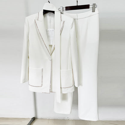 Scarf Drilling Loose Blazer Trousers Two Piece Set - Wanita Store