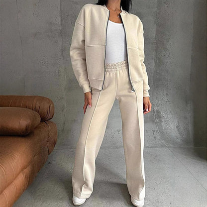 Autumn Winter Women Casual Zipper Jacket Wide Leg Pants Two Piece Set - Wanita Store