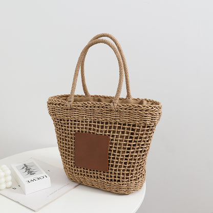 Niche Thailand Straw Bag Retro One Shoulder Portable Hollow Out Cutout Woven Bag Women Seaside Vacation Beach Bag - Wanita Store