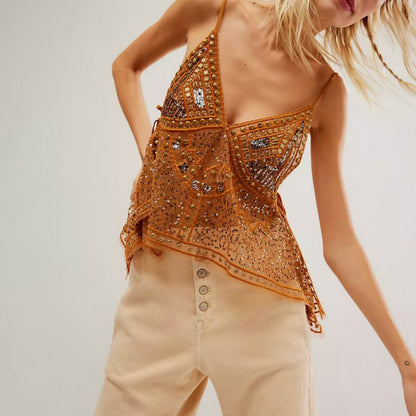 Sexy See through Backless Temptation Casual Trend Rhinestone Camisole Beach Sun Protection Vest - Wanita Store